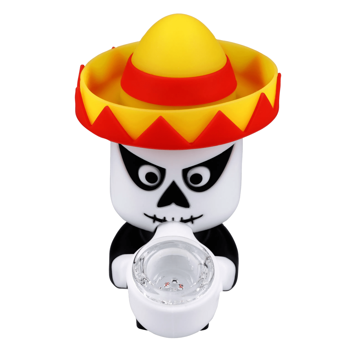 Front view of the ""Dia de los Muertos"" Box, a white skull with a colorful, patterned hat against a plain background.