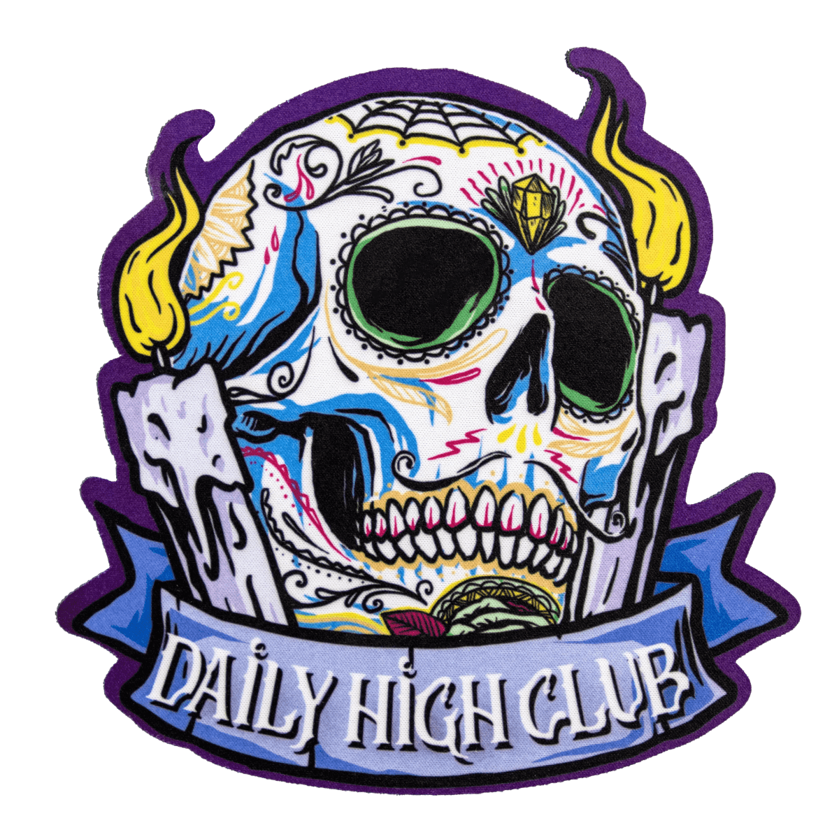 Front view of the ""Dia de los Muertos" Box"" featuring a colorful skull illustration with intricate floral designs against a dark background.