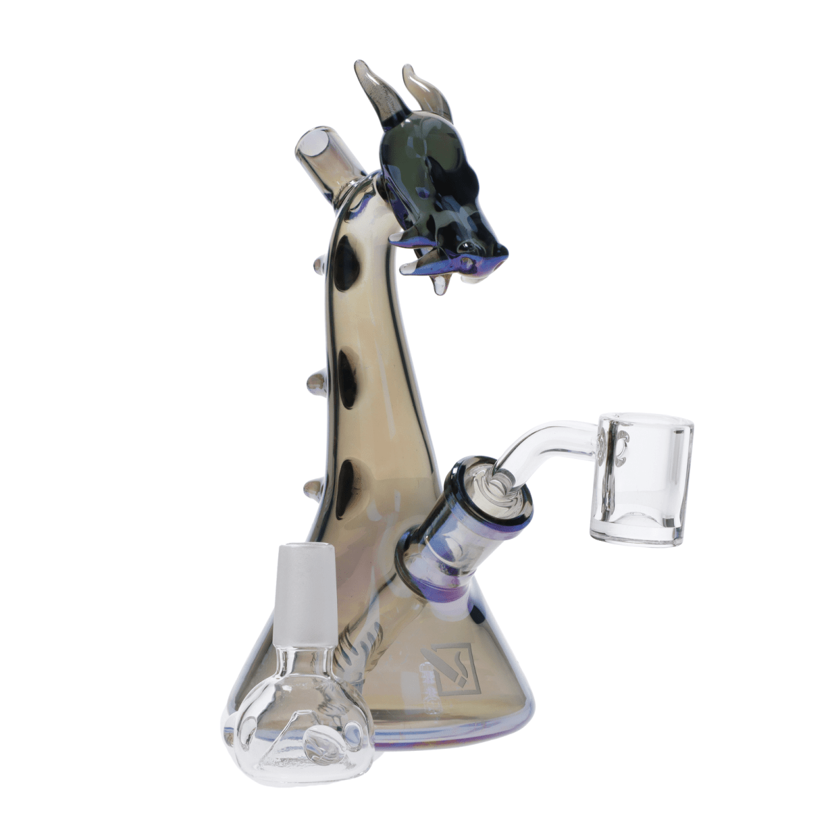 A studio shot of the "Dragon" Box, featuring a clear glass water pipe with a uniquely sculpted neck and visible joint.