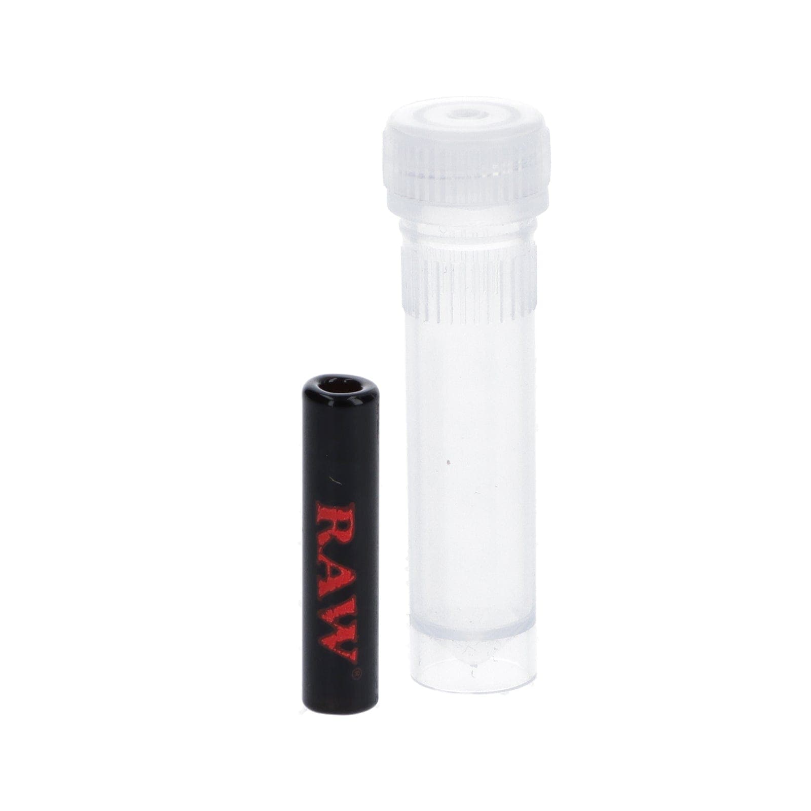 A studio shot of the clear “Lucky Cat” Smoking Box, displaying its simple cylindrical shape and translucent material.