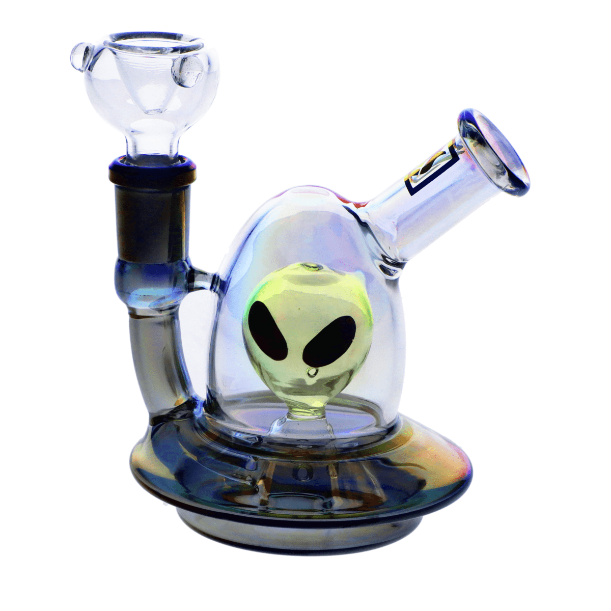 A front view of the “March Martian” Smoking Box, showcasing its rounded glass base and uniquely shaped chamber.