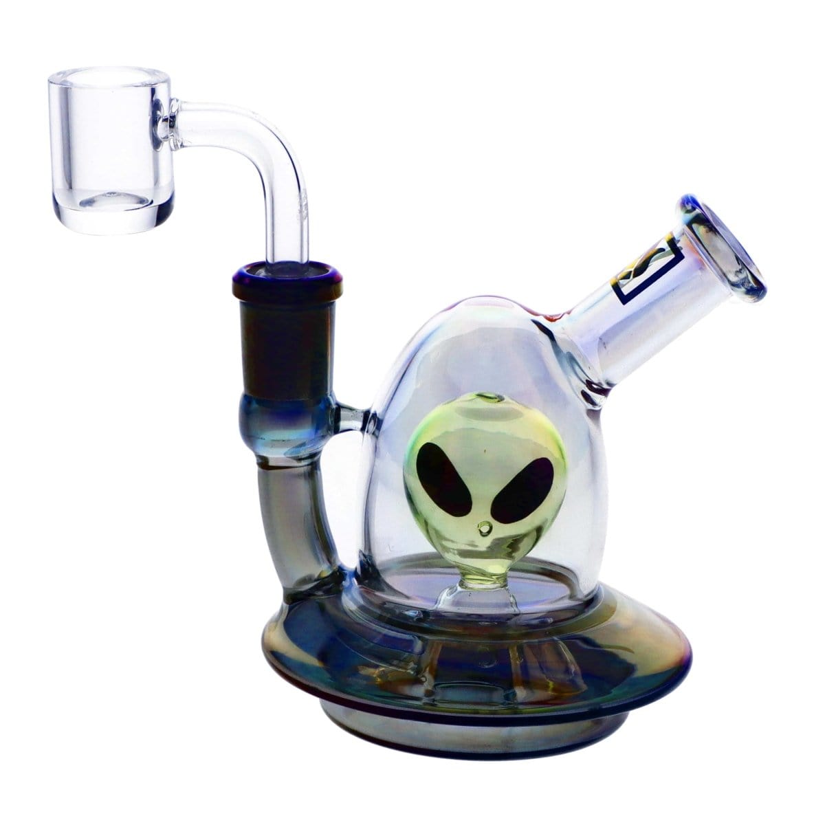 A front view of the “March Martian” Smoking Box, featuring a transparent, rounded glass base with an integrated bowl.