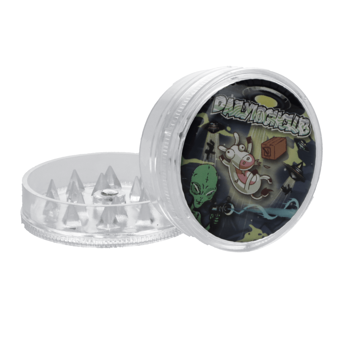 Front view of the "March Martian" Smoking Box, a clear plastic container with a graphic of a cartoon alien on the lid.
