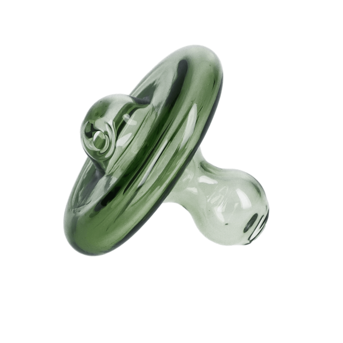 A slightly angled view of the “March Martian” Smoking Box, a translucent green glass piece with a rounded, box-like shape.