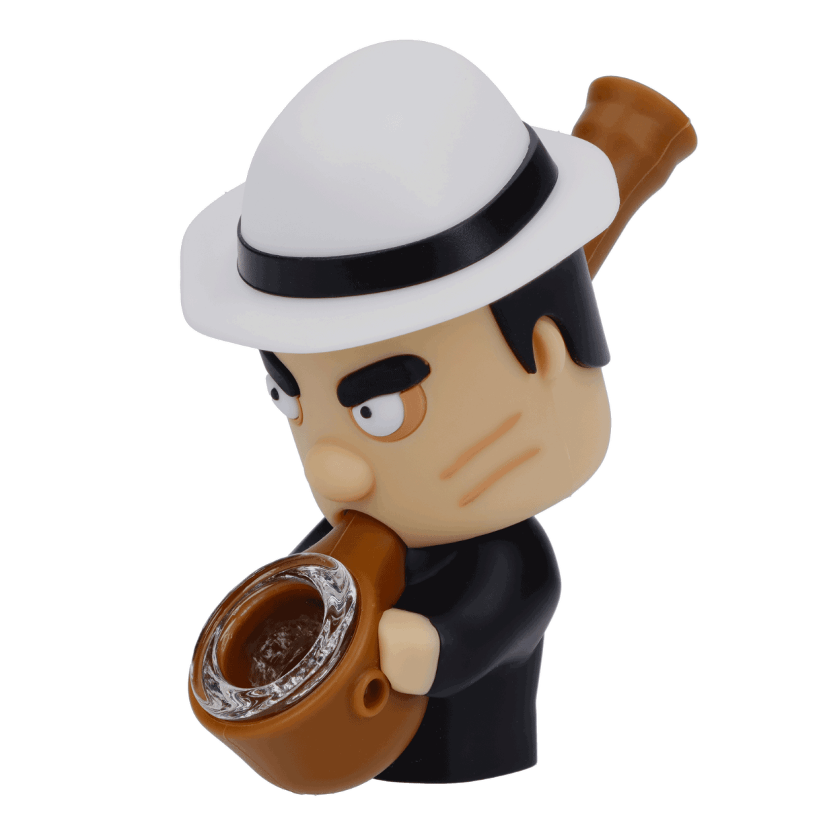 Front view of the “Mobster” Smoking Box, a quirky, cartoonish figure with a pipe.