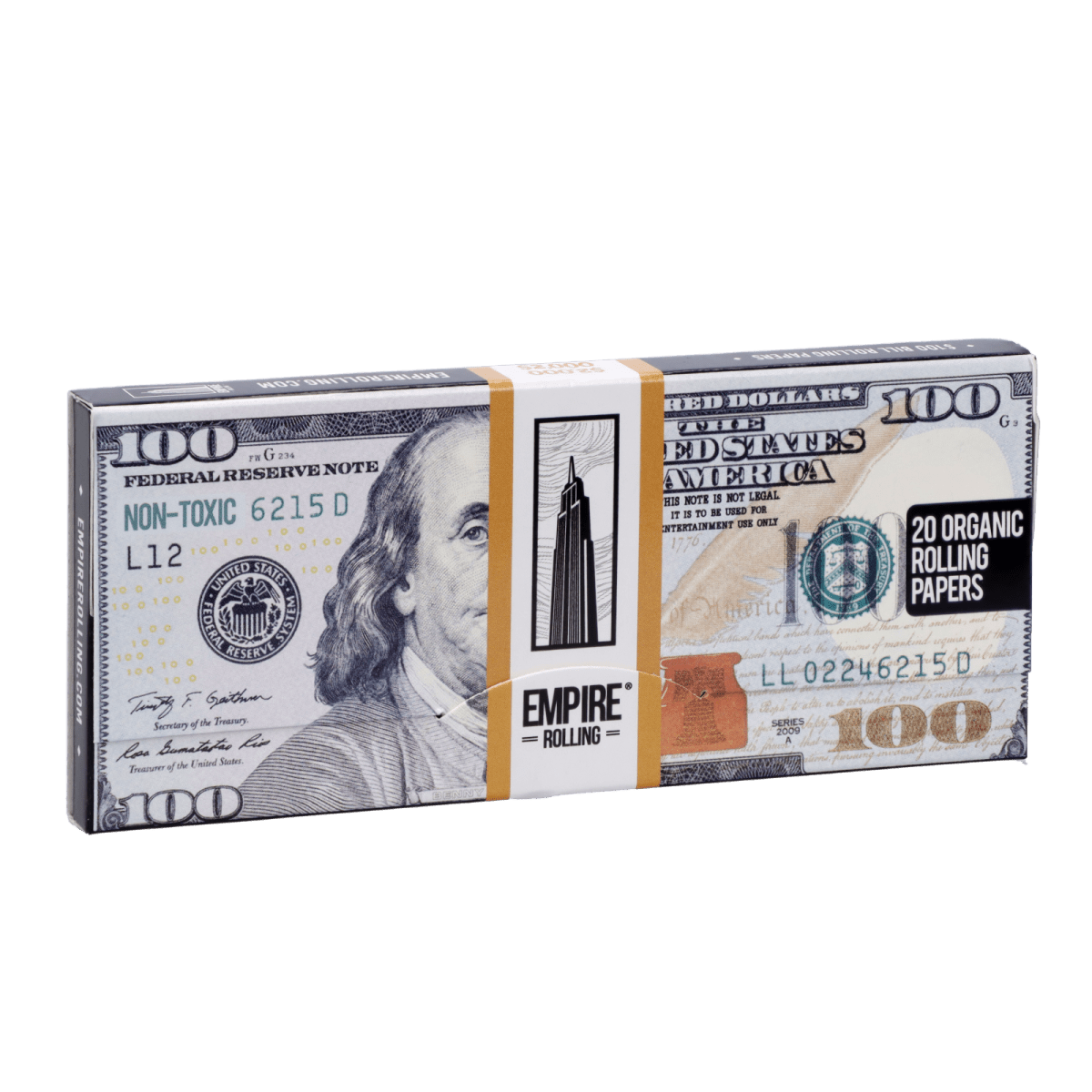 A close-up, angled view of the “Mobster” Smoking Box, designed to resemble US currency with visible printed details.
