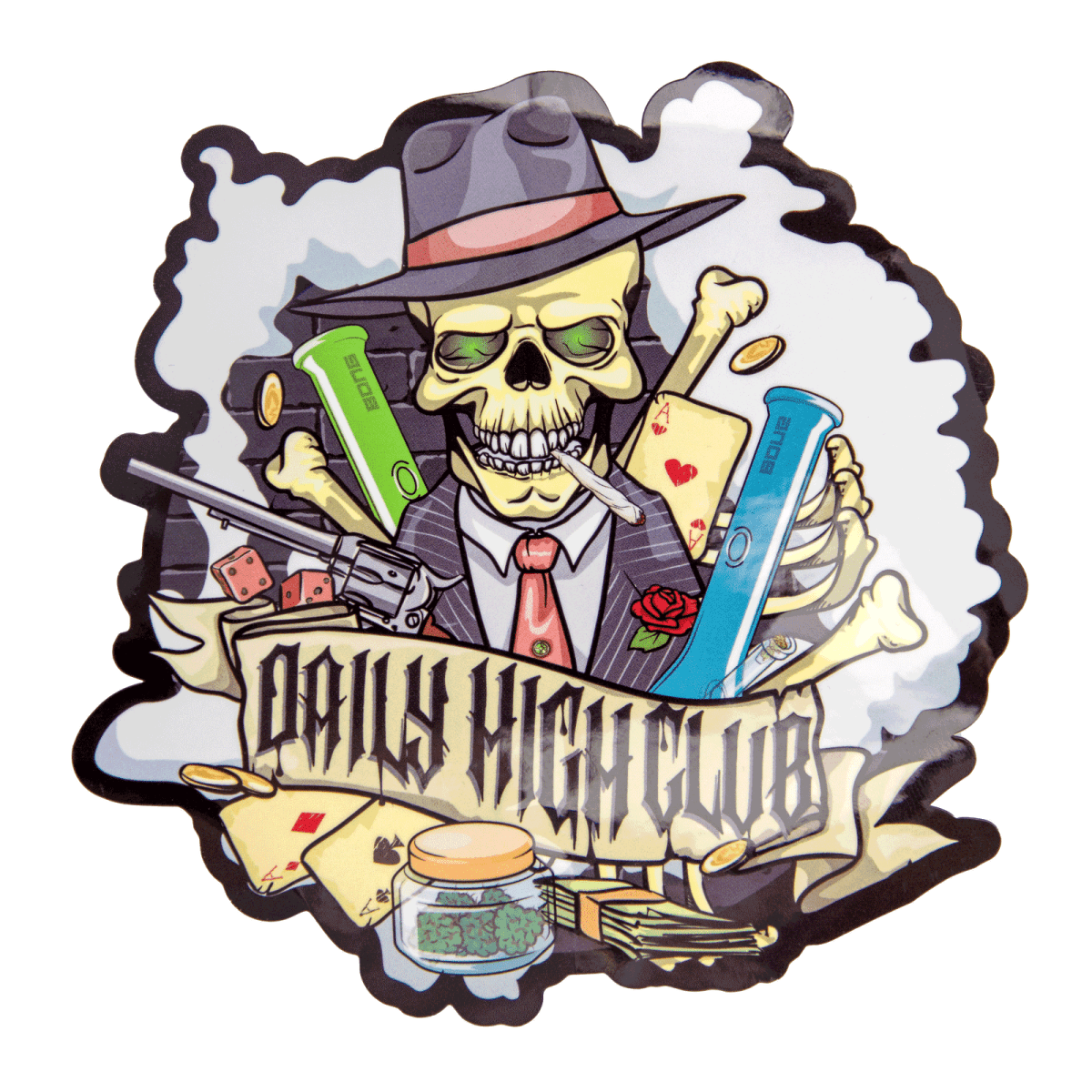 A stylized illustration features the “Mobster” Smoking Box as a skeletal figure in a pinstripe suit smoking a cigarette.