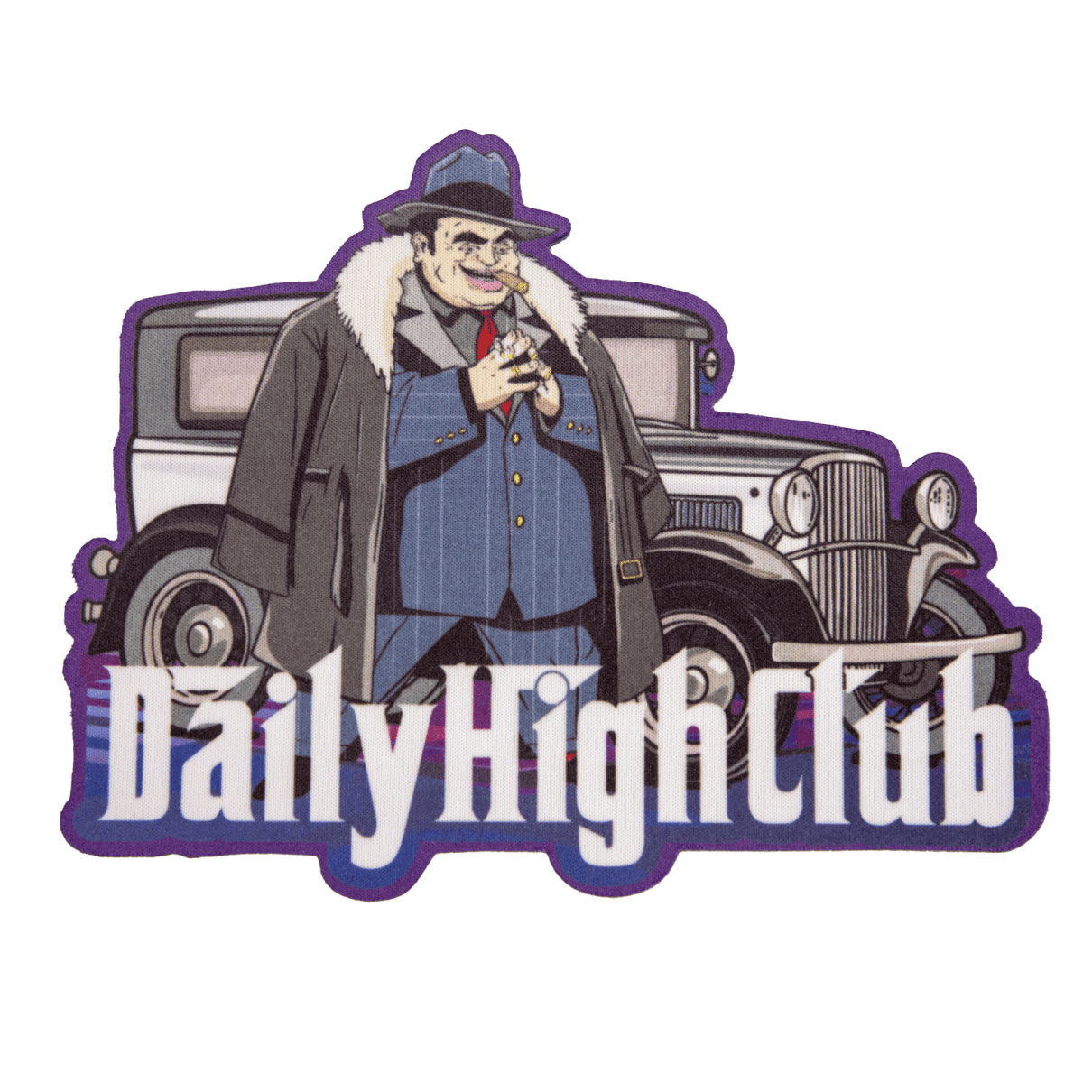 A stylized illustration features the “Mobster” Smoking Box with a cartoon man in a fedora and overcoat.