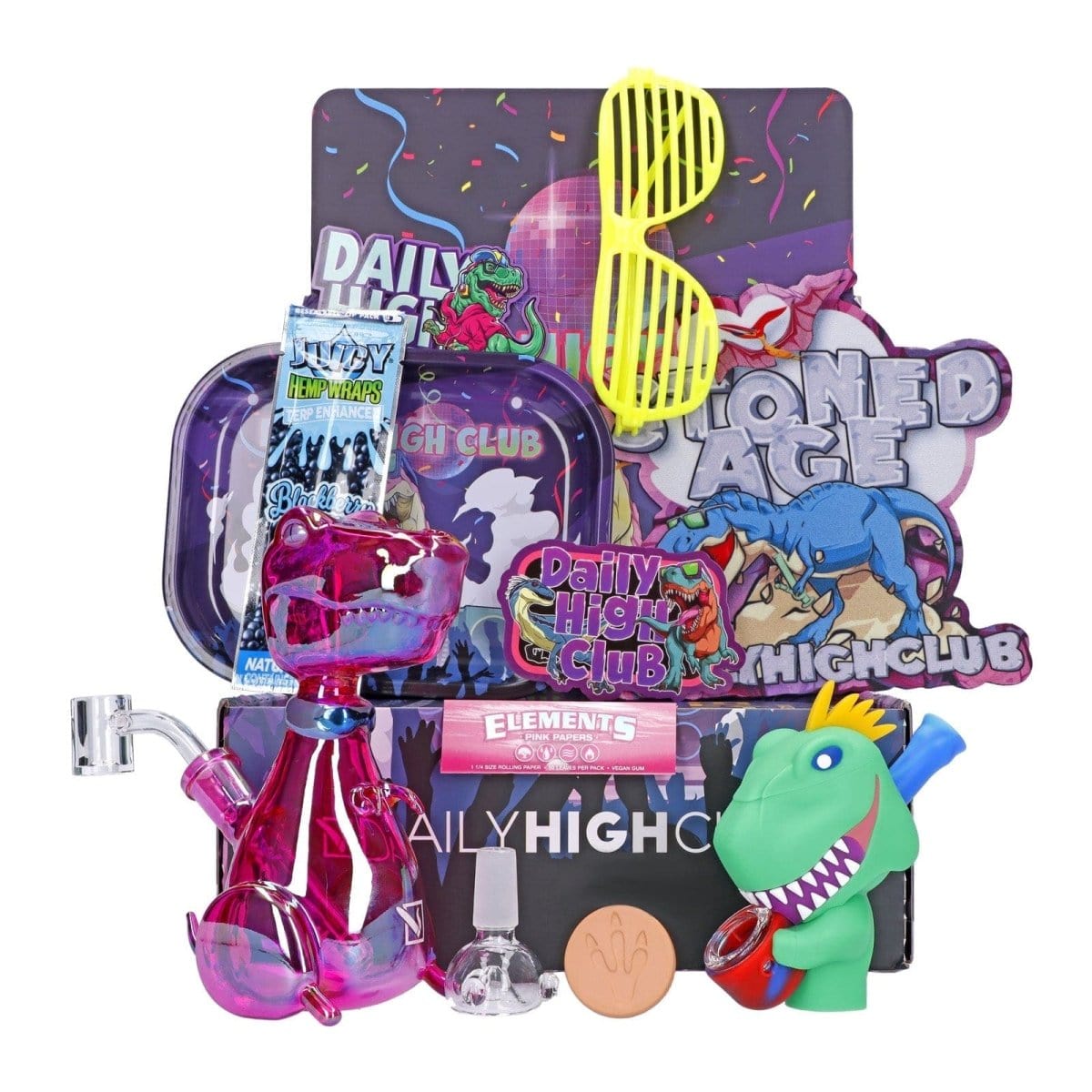 A slightly angled view of the “Rave Dino” Smoking Box with colorful packaging and visible accessories inside, positioned against a dark backdrop.