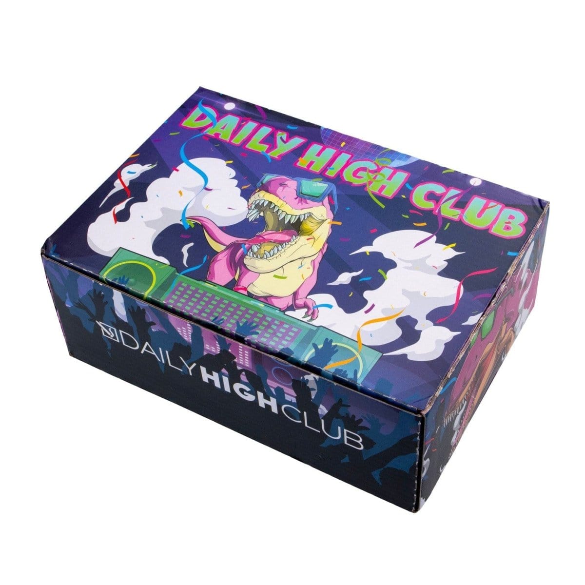 Front view of the “Rave Dino” Smoking Box with a colorful, cartoon dinosaur design on a vibrant pink background.