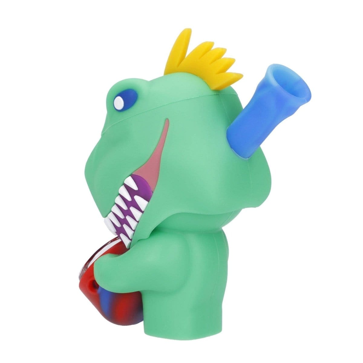 Front view of the “Rave Dino” Smoking Box, a bright green, cartoonish piece with a blue mouthpiece and textured details.
