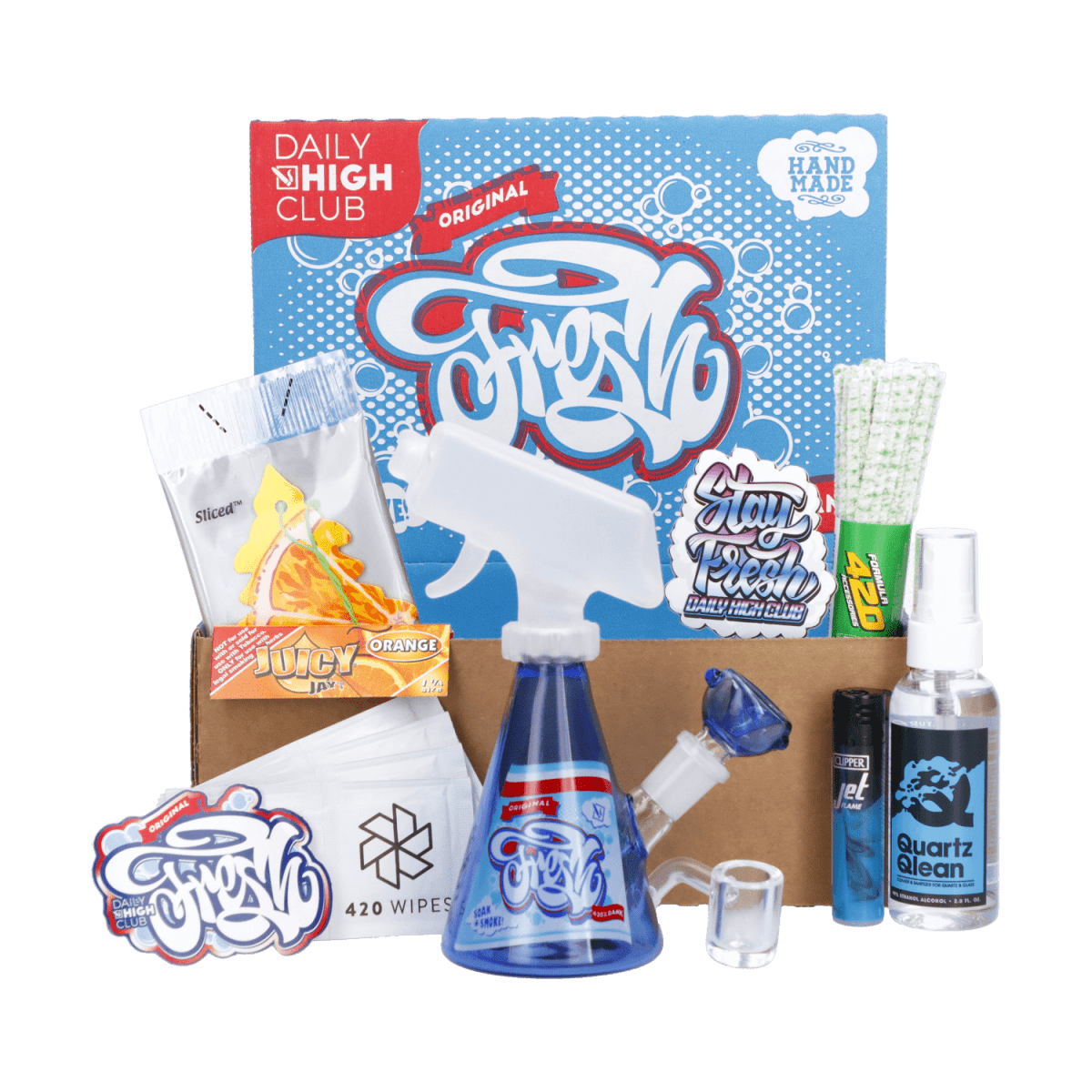 A top-down view of the “Refresh Your Sesh” Smoking Box with a colorful assortment of smoking accessories and cleaning supplies inside an open cardboard box.