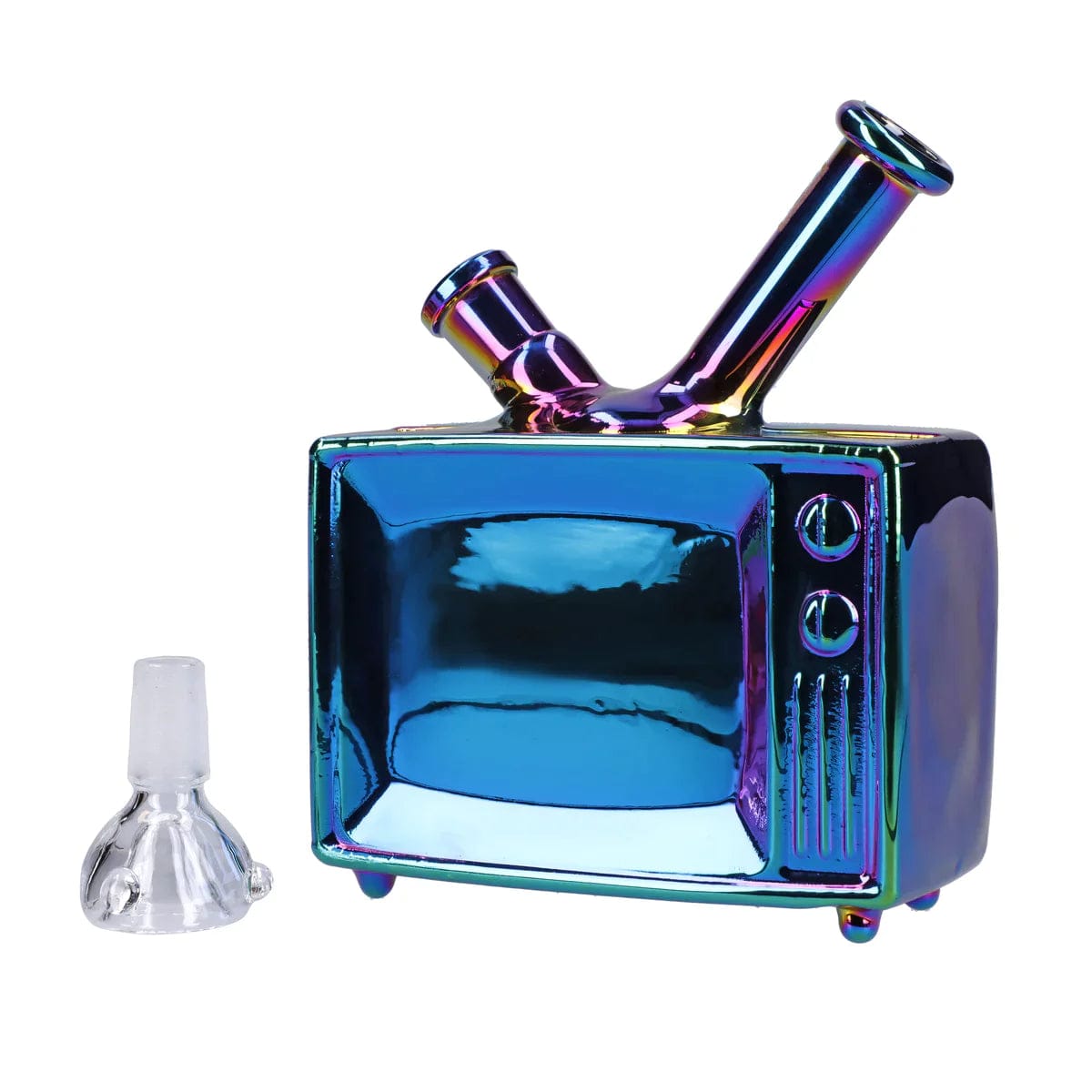 Front view of the “Turkey Day Touchdown” Box, a blue glass piece with a rounded shape and visible joint.