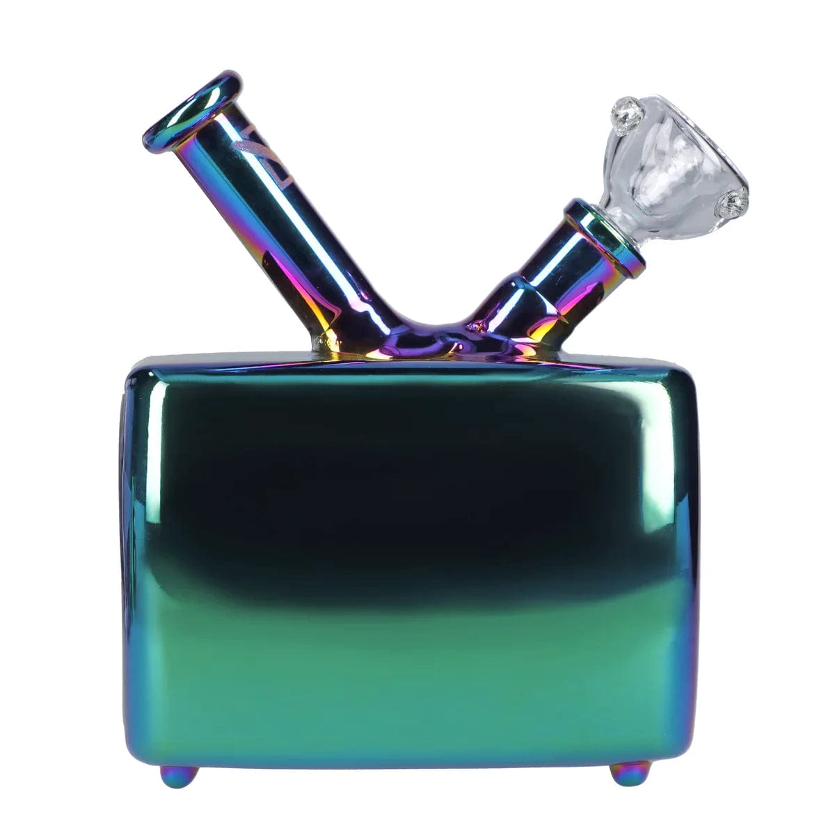 Front view of the “Turkey Day Touchdown” Box, a colorful glass piece with a rounded base and a cylindrical neck.