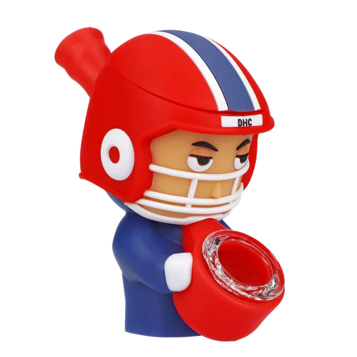 A studio shot of the “Turkey Day Touchdown” Box, a blue ceramic piece shaped like a football helmet.