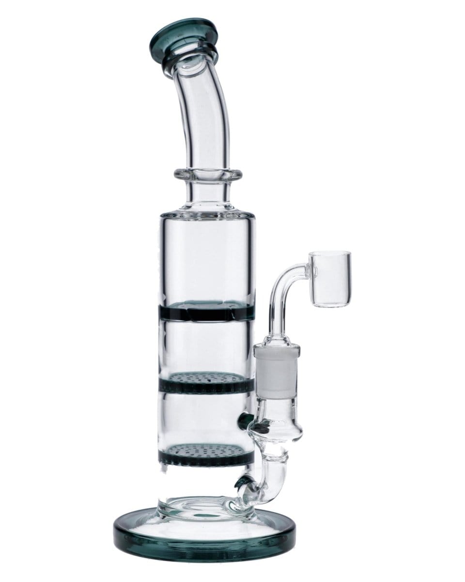 A front view of the 9.5" Triple Honeycomb Dab Rig, showcasing its clear glass construction and stacked honeycomb percolator.