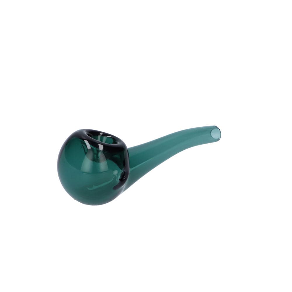A side view of the Everyday Essentials 4" Bent Spoon Pipe, showcasing its curved design in a dark green hue.