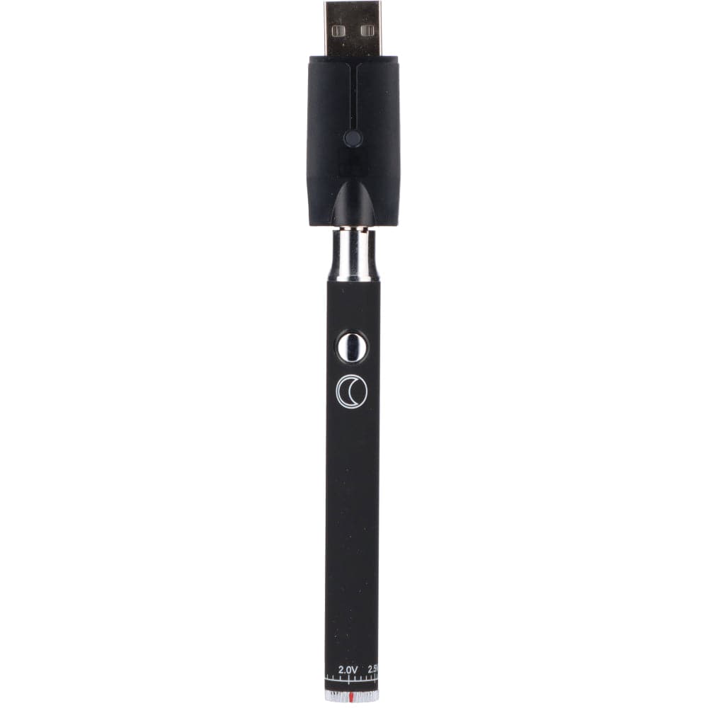 A straight-on view of the black Jane West 510 Battery, showing its sleek cylindrical shape and metallic connector.