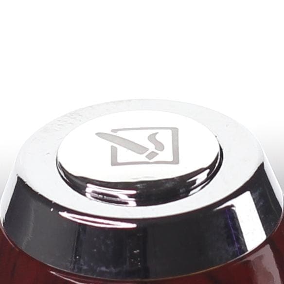 Close-up view of the DHC Originals Wood Pipe Battery, showcasing its sleek, metallic finish and rounded design.