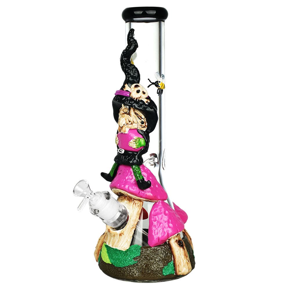 A three-quarter view of the 14-inch Witch Way 3D Painted Beaker Water Pipe, decorated with a whimsical witch design.
