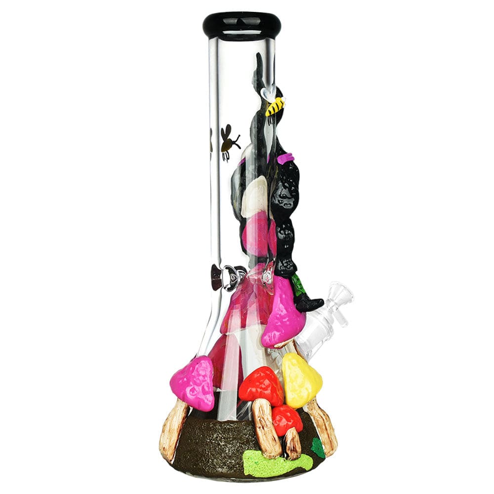 A front view of the 14-inch Witch Way 3D Painted Beaker Water Pipe, showcasing vibrant painted mushrooms along the glass body.