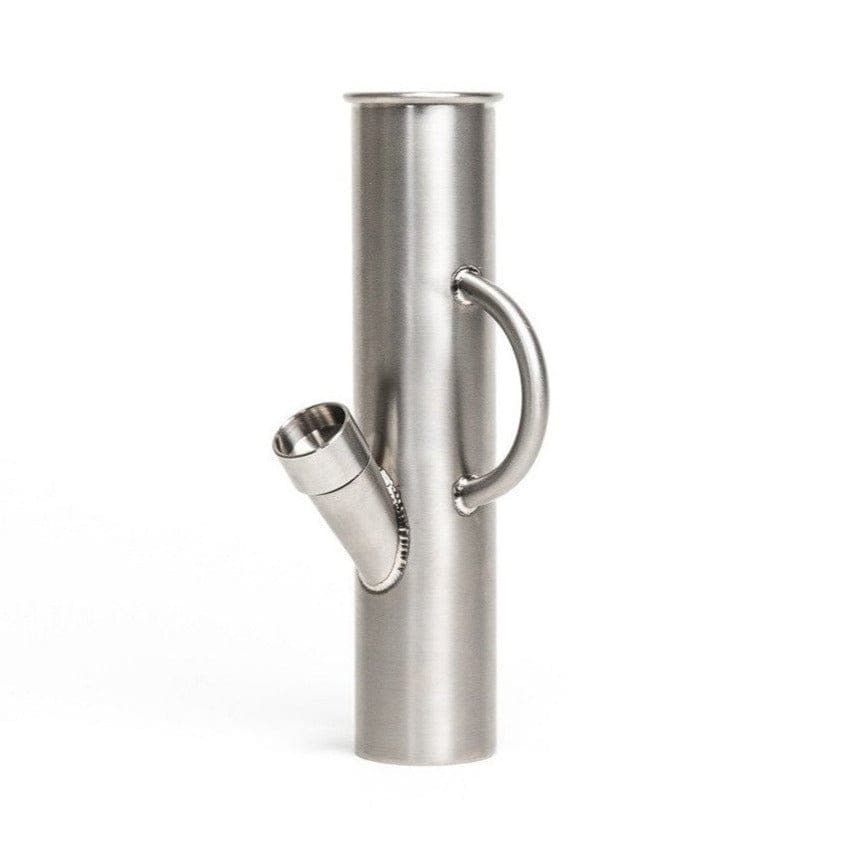 A close-up, angled view of the DangleBong™️ Titanium Water Pipe, showcasing its polished metallic finish and curved design.