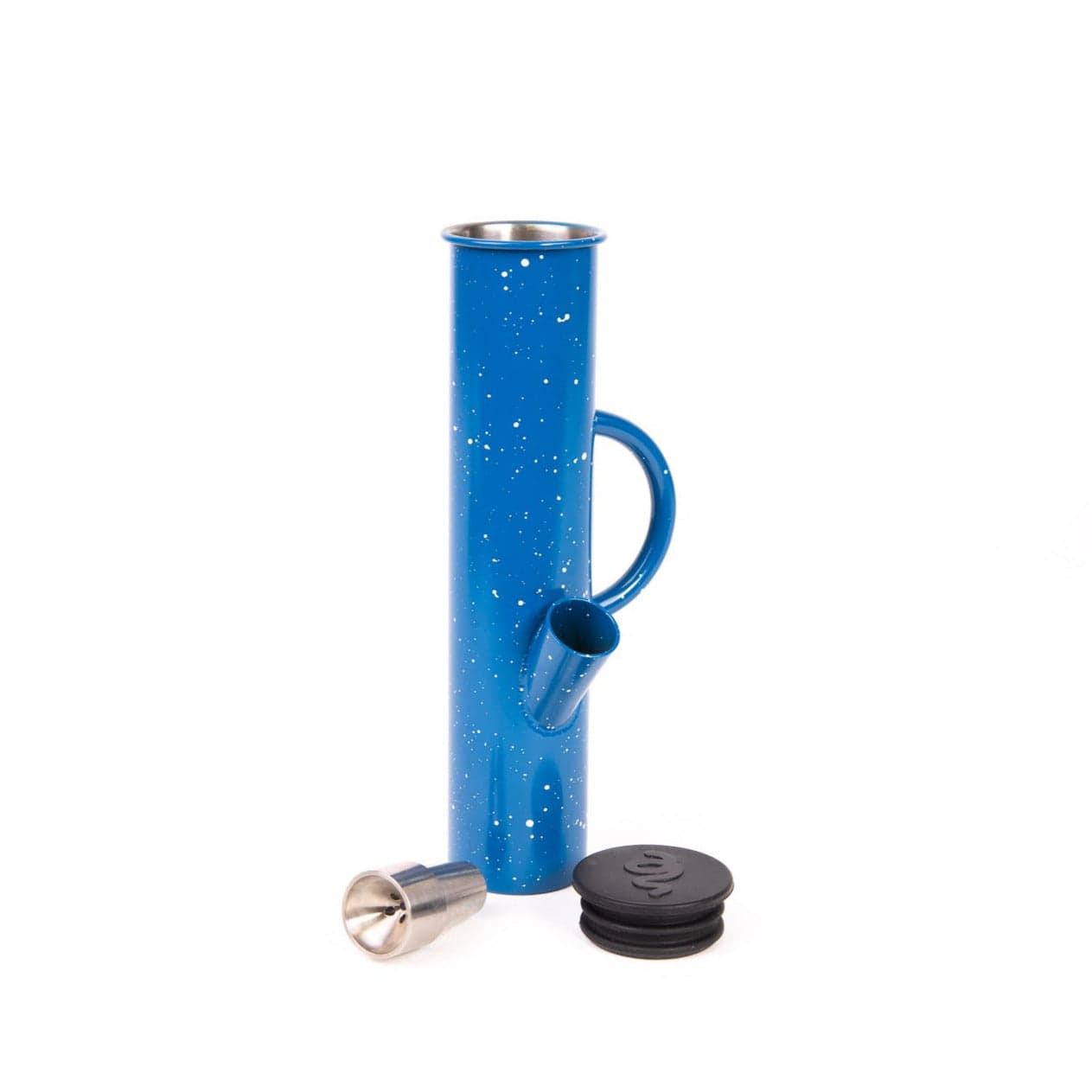 A front view of the DangleBong™️ Titanium Water Pipe, showing the blue titanium tube with a clear glass joint and black cap.