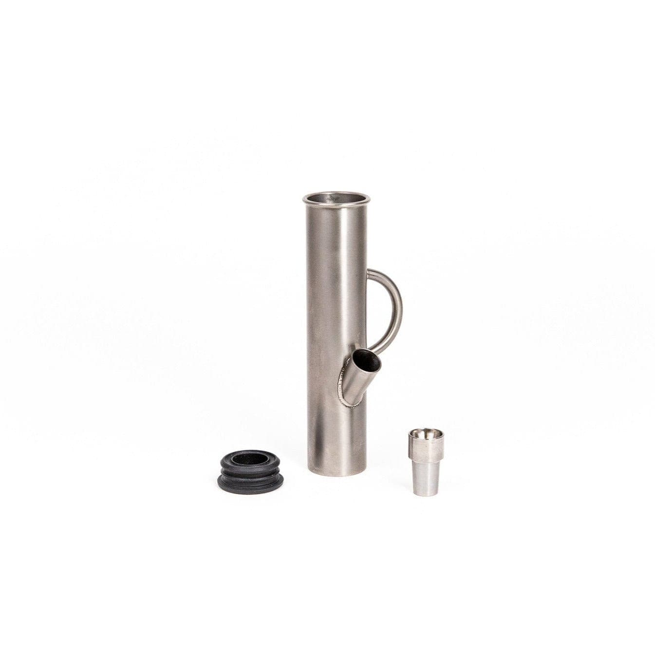 A studio shot displays the DangleBong™️ Titanium Water Pipe with its detachable downstem, resting on a white surface.