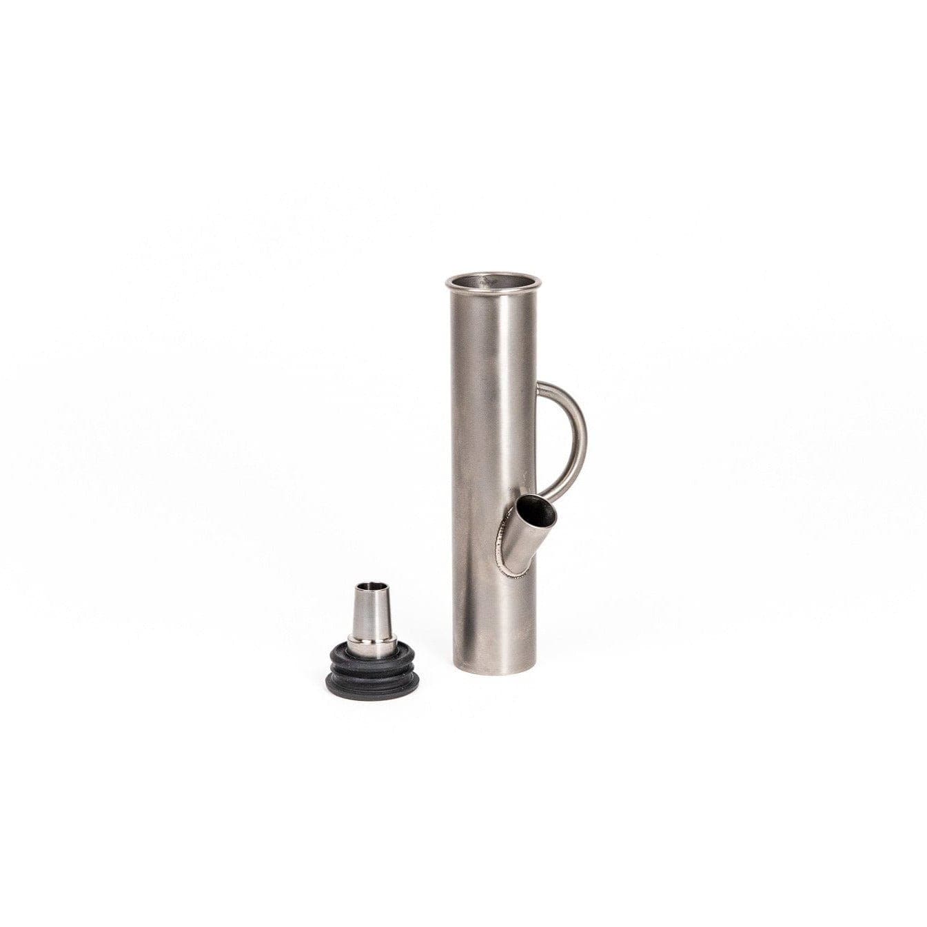 A front view of the DangleBong™️ Titanium Water Pipe, showcasing its sleek, metallic form against a plain white background.