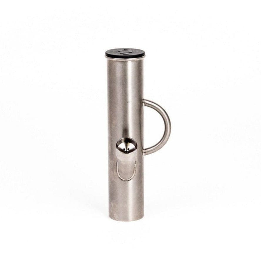 A front view of the silver DangleBong™️ Titanium Water Pipe, displaying its smooth, cylindrical shape against a plain white background.