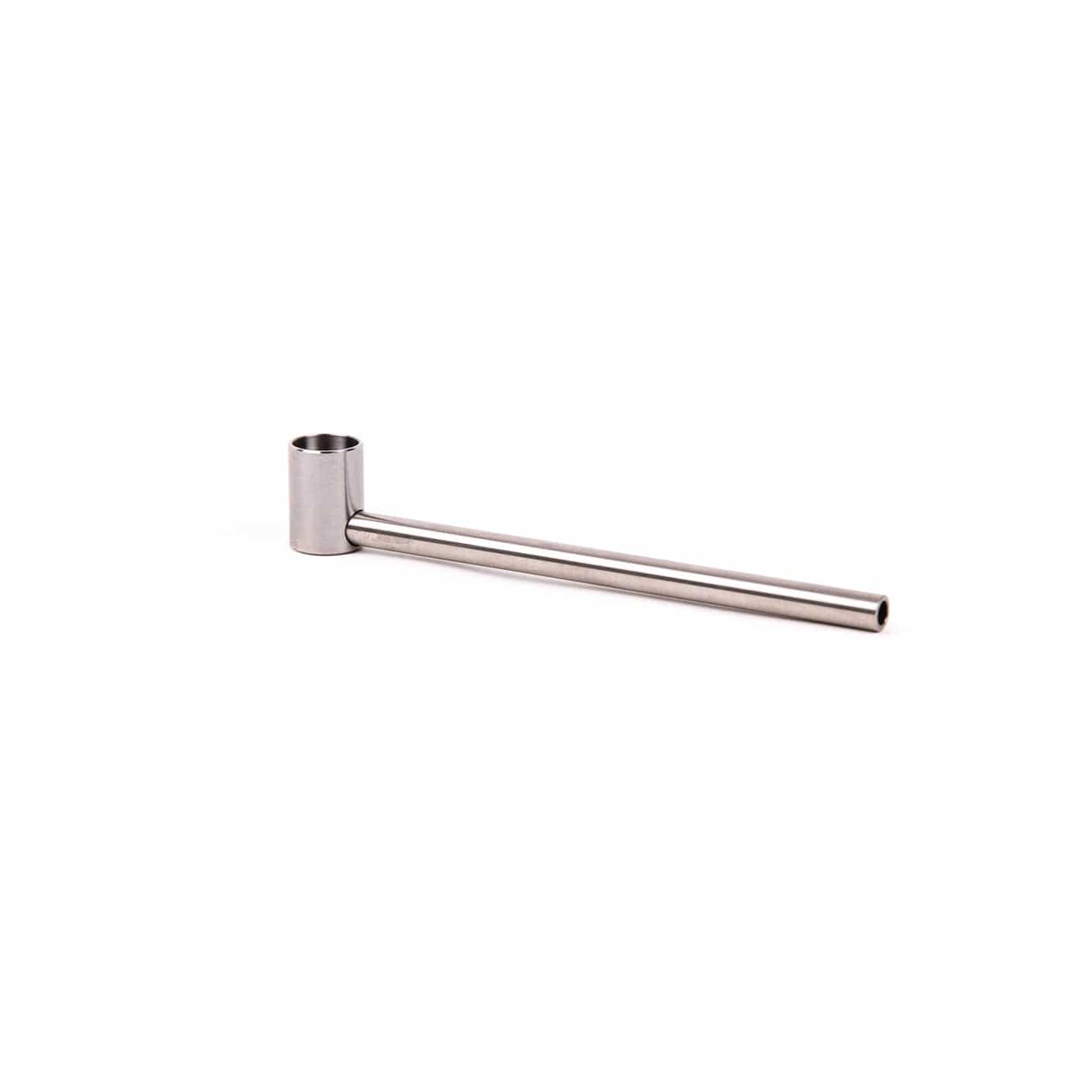 A side view of the Long Cobb Titanium Pipe, featuring a sleek, metallic finish and minimalist cylindrical form.