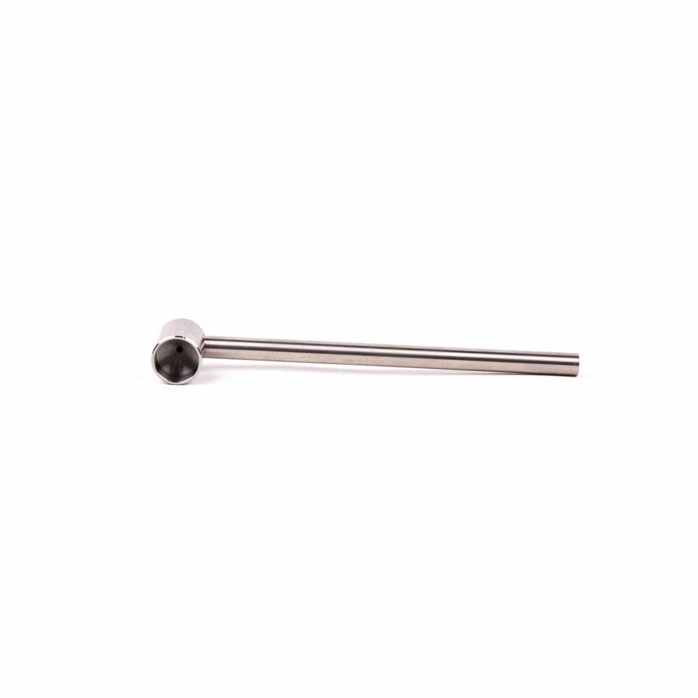 A side view of the Long Cobb Titanium Pipe, showcasing its sleek, metallic finish and cylindrical shape.