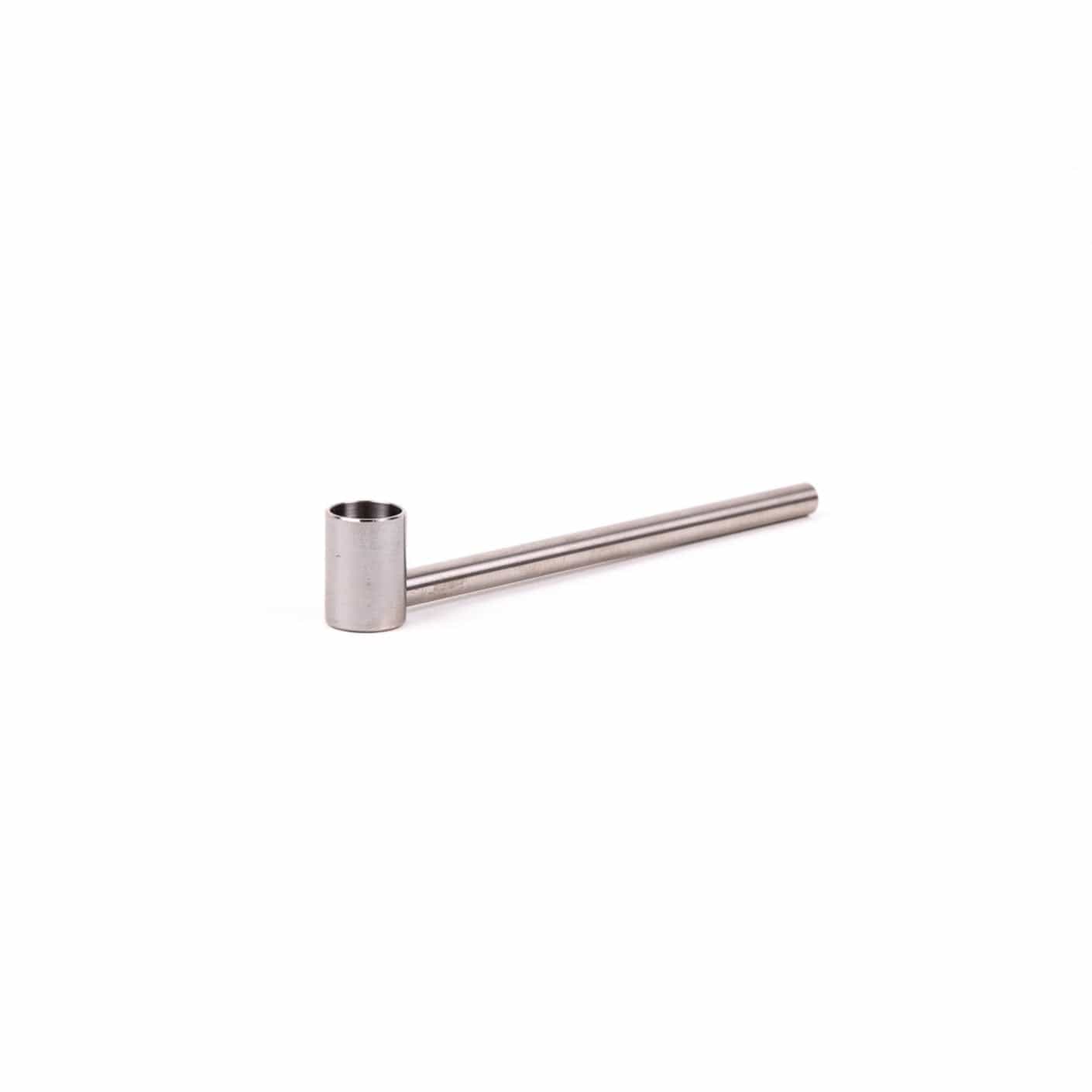 A side view of the Long Cobb Titanium Pipe, showcasing its sleek, metallic construction against a plain white background.
