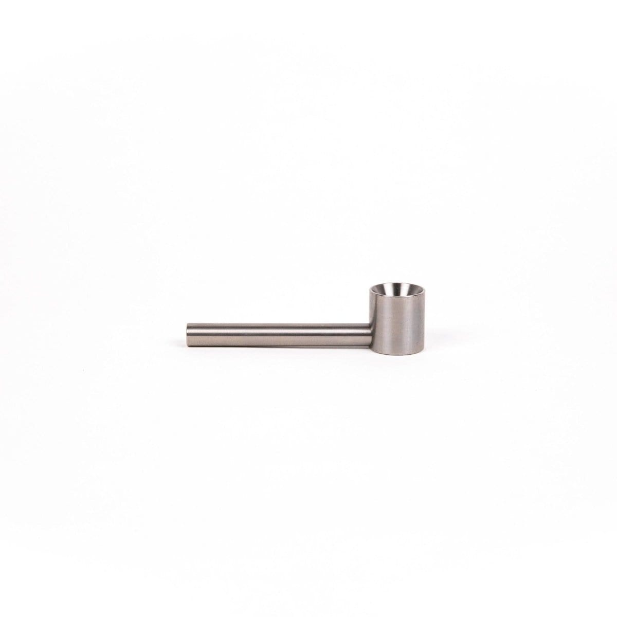 A front view of the Smokey Pipe Titanium Pipe, showcasing its metallic sheen and simple, curved design against a plain background.