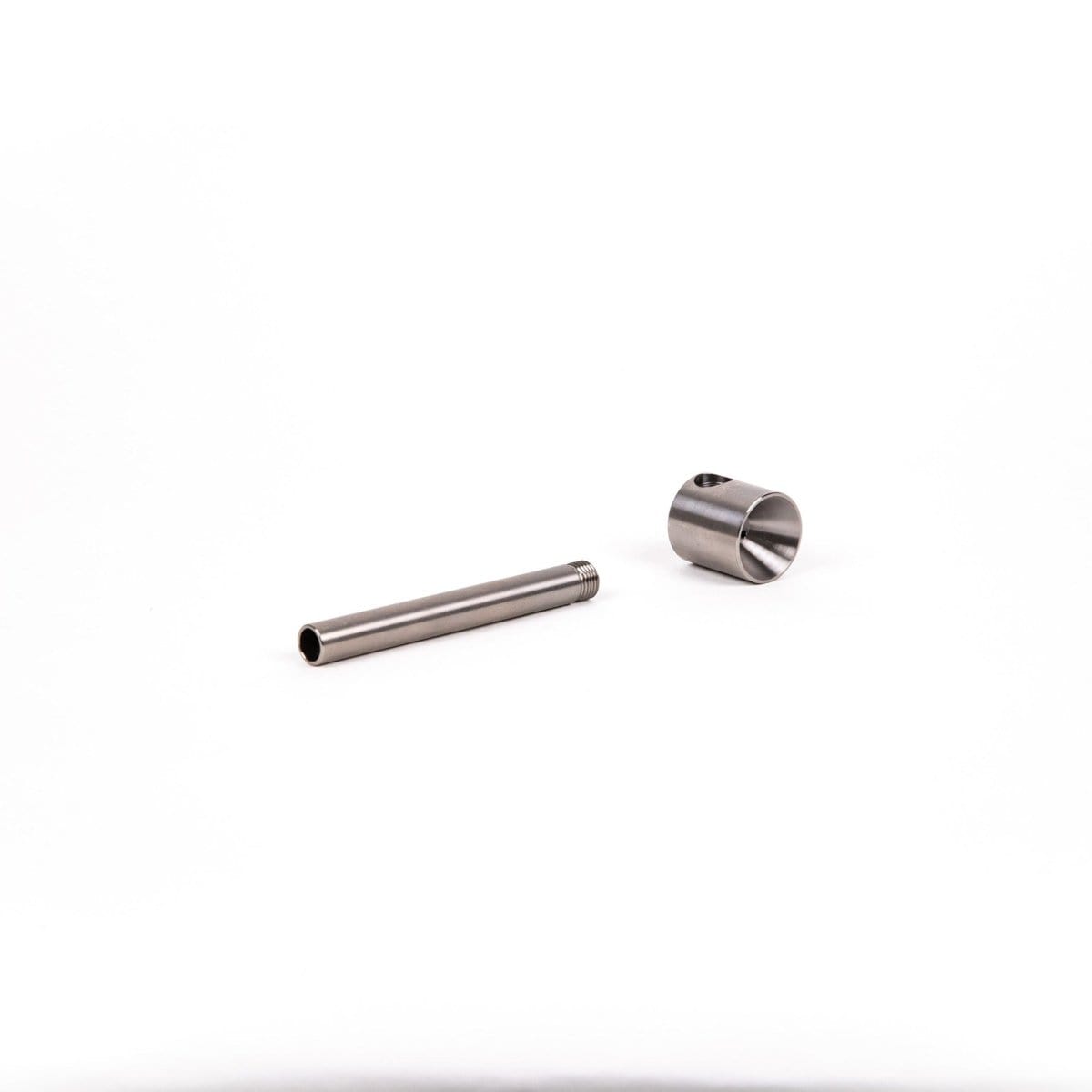 A close-up, angled view of the Smokey Pipe Titanium Pipe, showcasing its metallic sheen and cylindrical shape against a plain white background.