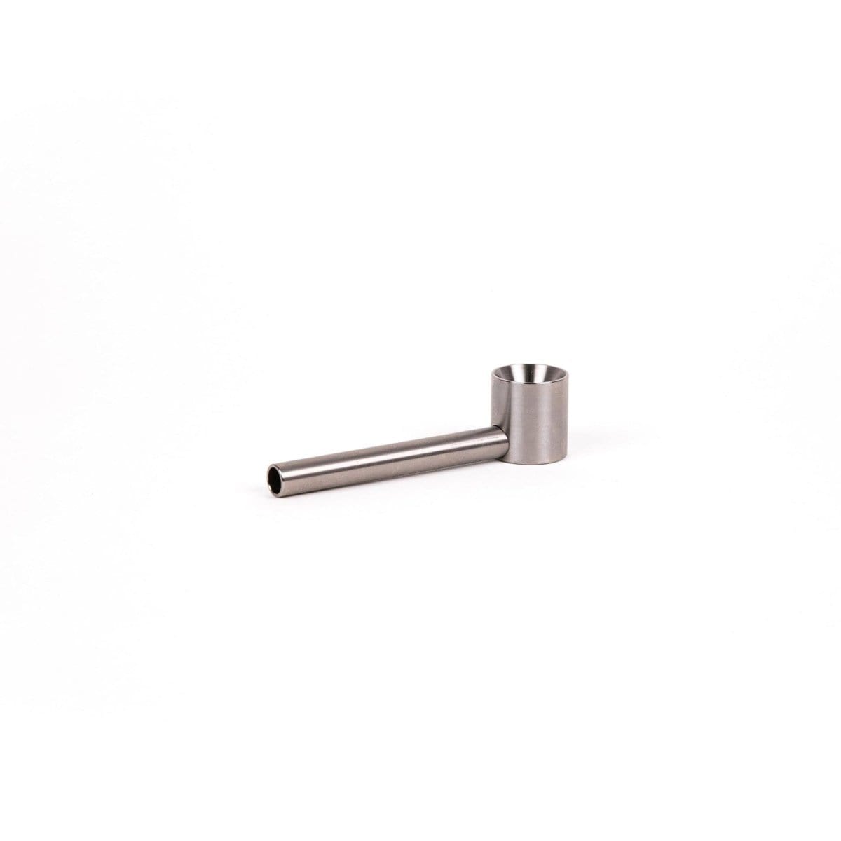 A close-up, angled view of the Smokey Pipe Titanium Pipe, showcasing its sleek, metallic finish and simple cylindrical form.