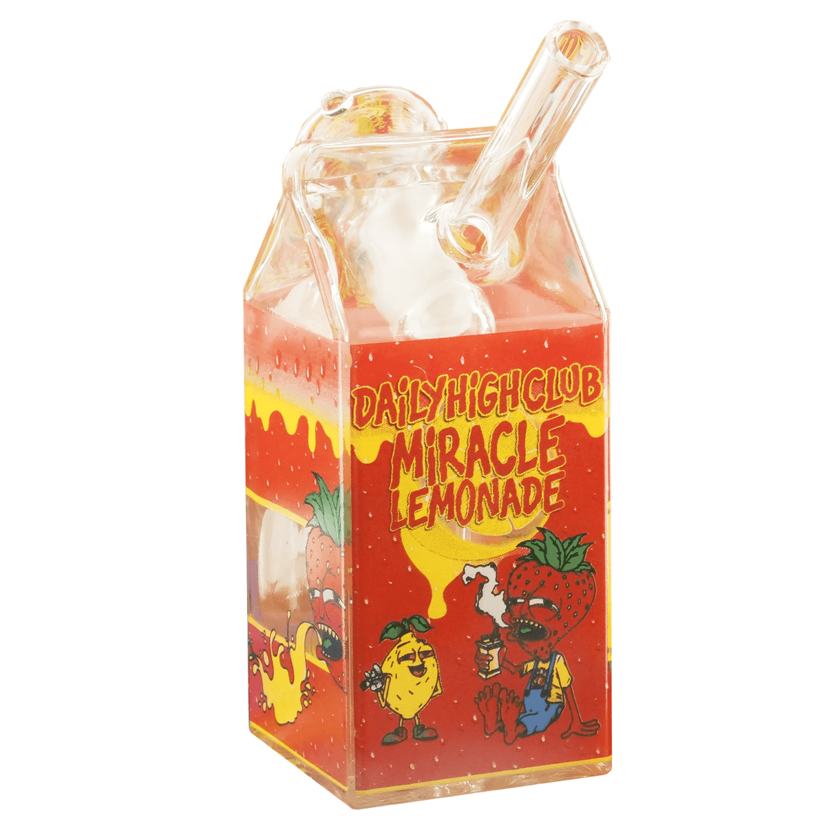 Front view of the DHC Originals Miracle Lemonade Juice Box Bong, resembling a colorful carton with a visible mouthpiece.
