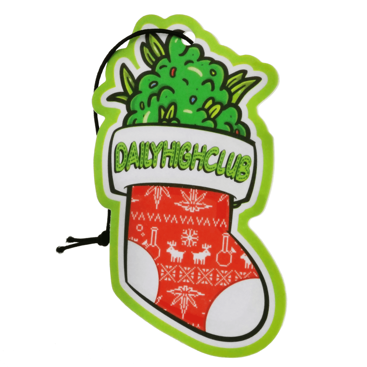 Angled front view of the Christmas Stocking Air Freshener showing a green-bordered stocking filled with leafy green graphics and a red patterned sock labeled DAILYHIGHCLUB.