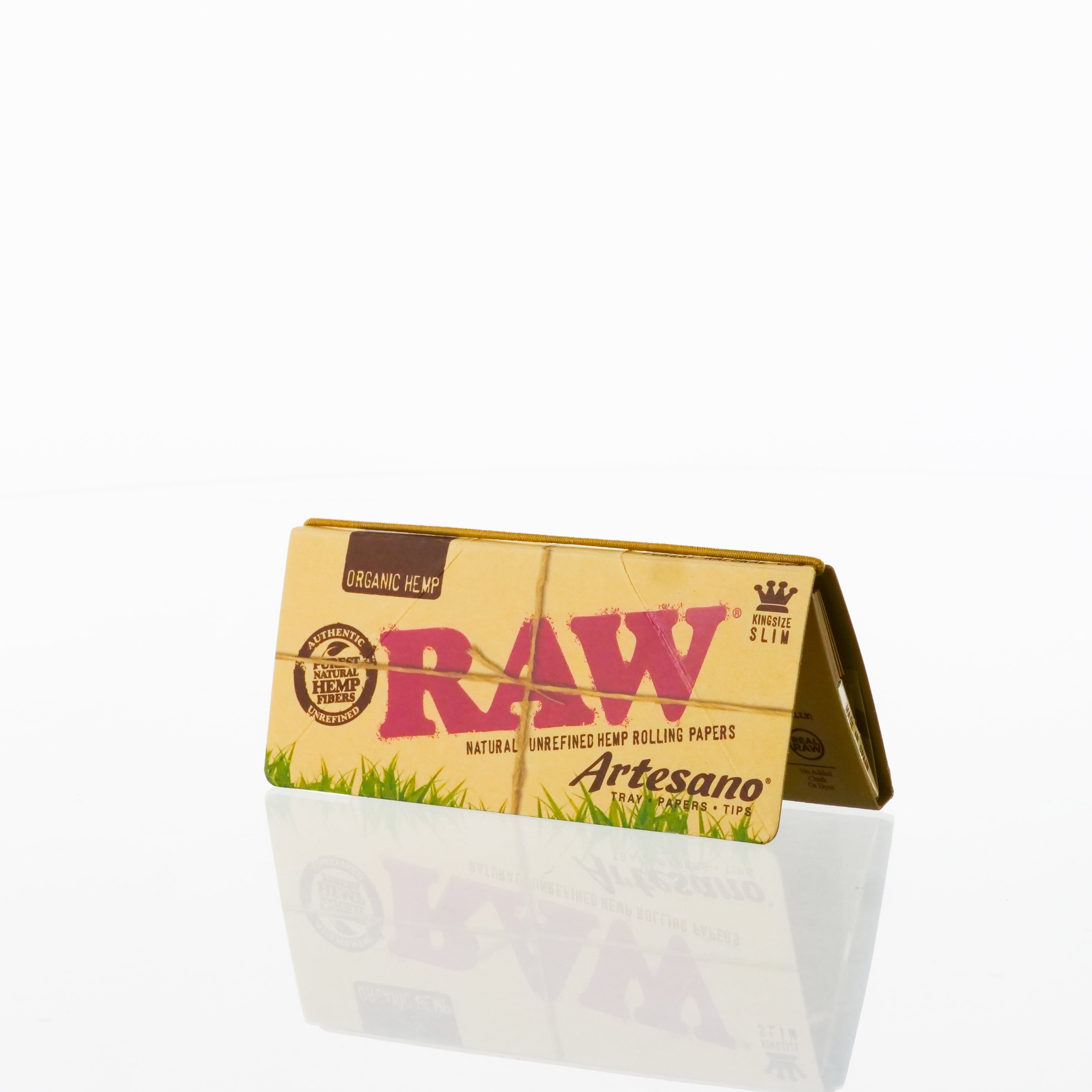 A front view of the RAW Organic Hemp Artesano King Size Slim Papers + Tips packaging, displaying the brand logo and product details.