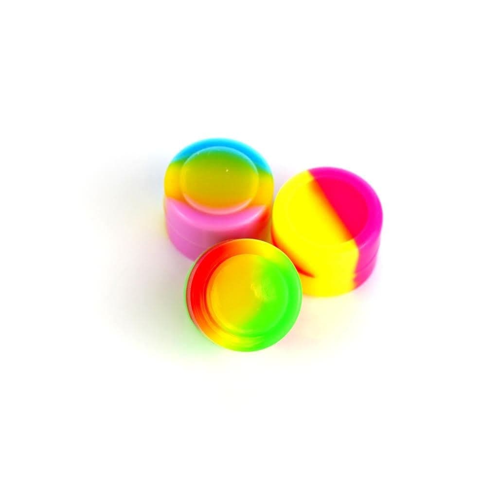 Overhead shot of the 3 pack 2mm Silicone Jar, showcasing the small, colorful containers arranged on a white surface.