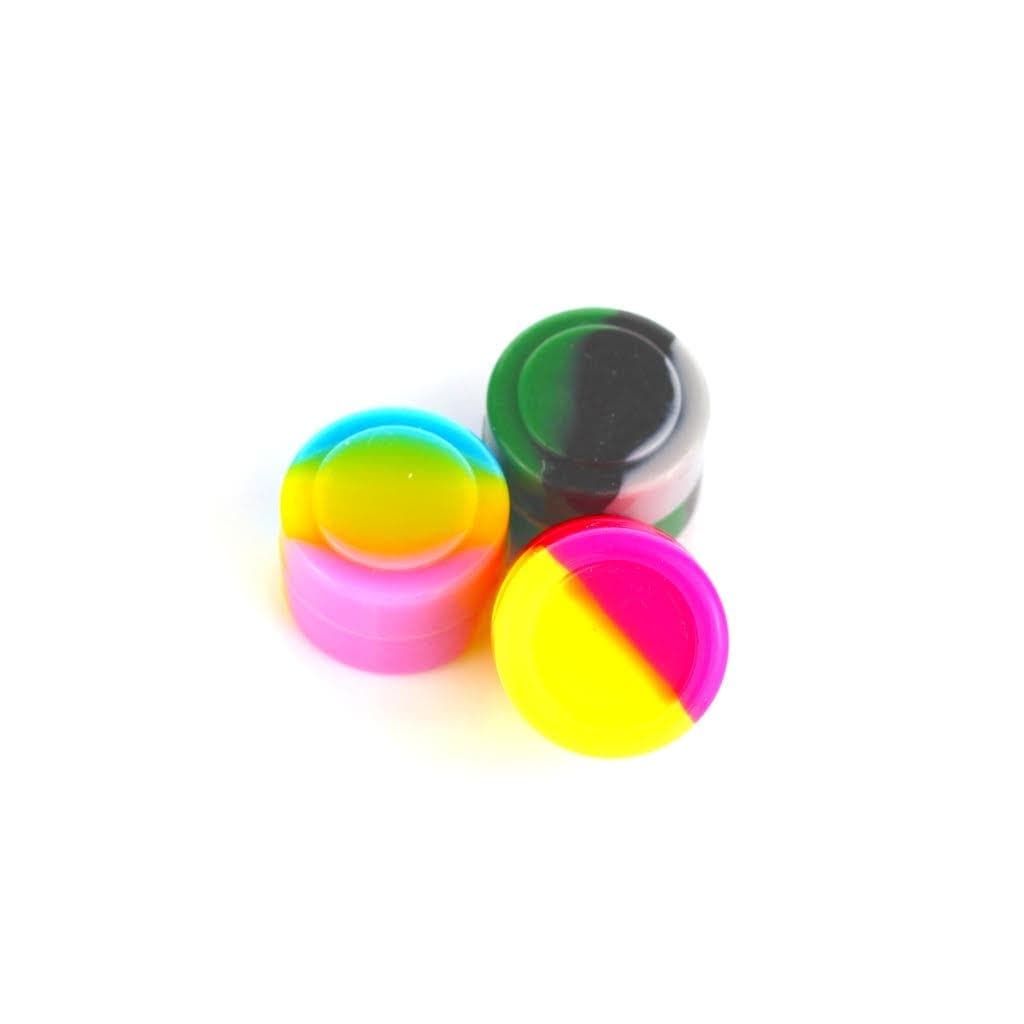 Overhead view of the 3 pack 2mm Silicone Jar, showing three small, colorful silicone containers arranged against a white background.