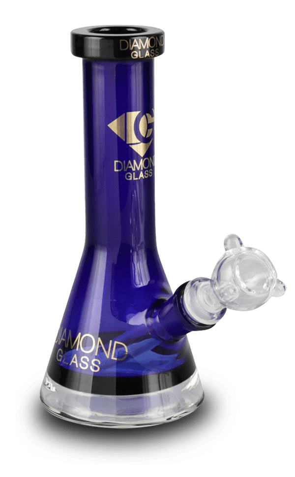 Front view of the “Beast Mode” Diamond Glass Mini Beaker, a clear glass piece with a wide base and angled neck, set against a dark background.