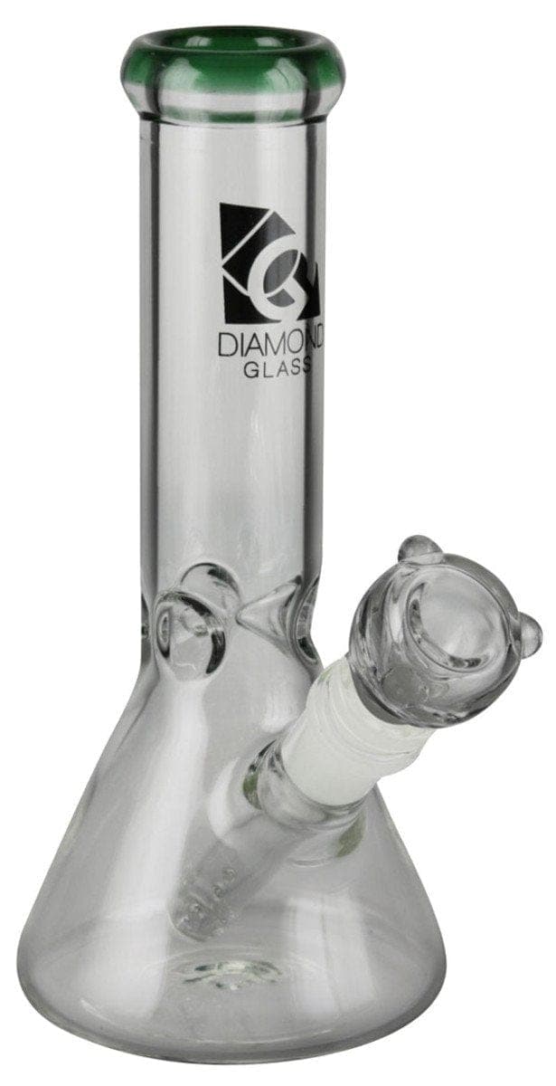A front view of the Diamond Glass 8" Classic Beaker Bong, showcasing the clear glass construction and simple beaker shape.