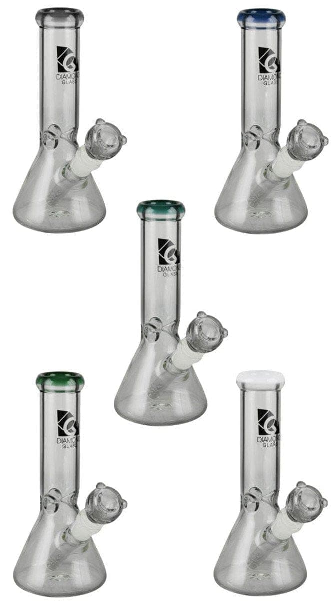 A front view of the Diamond Glass 8" Classic Beaker Bong, showcasing its clear glass construction and simple beaker shape.