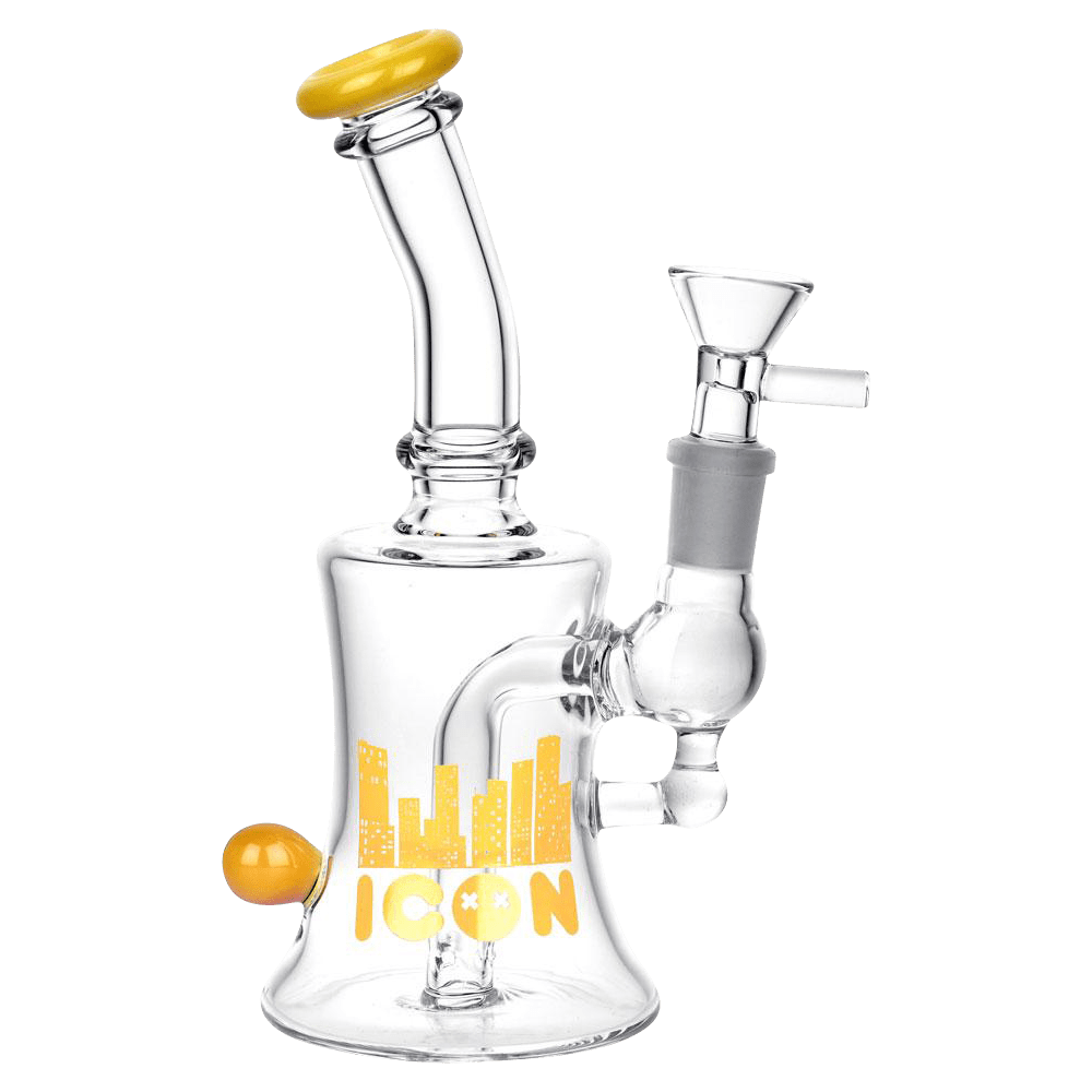 A studio shot of the Diamond Glass “Baggins” Water Pipe, showing its clear glass construction and angled view of the joint.
