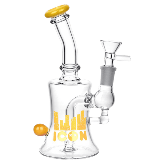 A studio shot of the Diamond Glass “Baggins” Water Pipe, showing its clear glass construction and angled view of the joint.