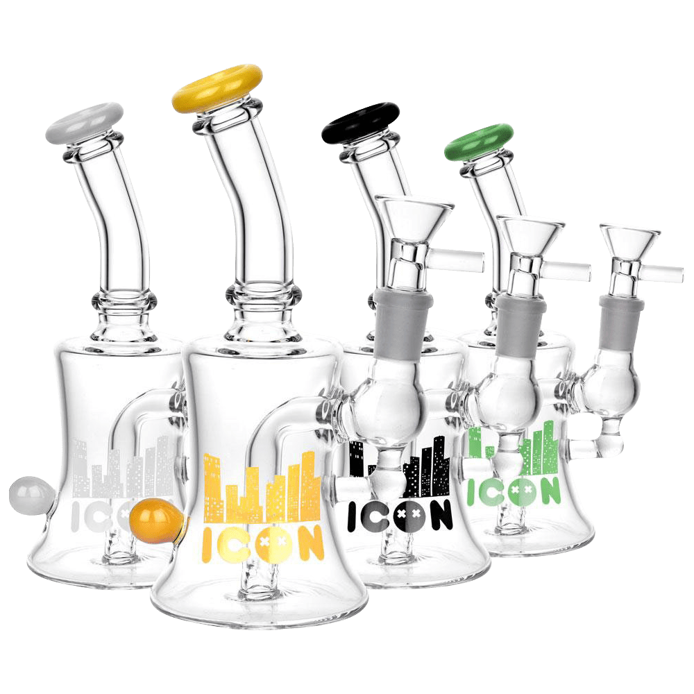 A studio shot of the Diamond Glass "Baggins" Water Pipe, displaying three clear glass bongs arranged in a gradient from light to dark.