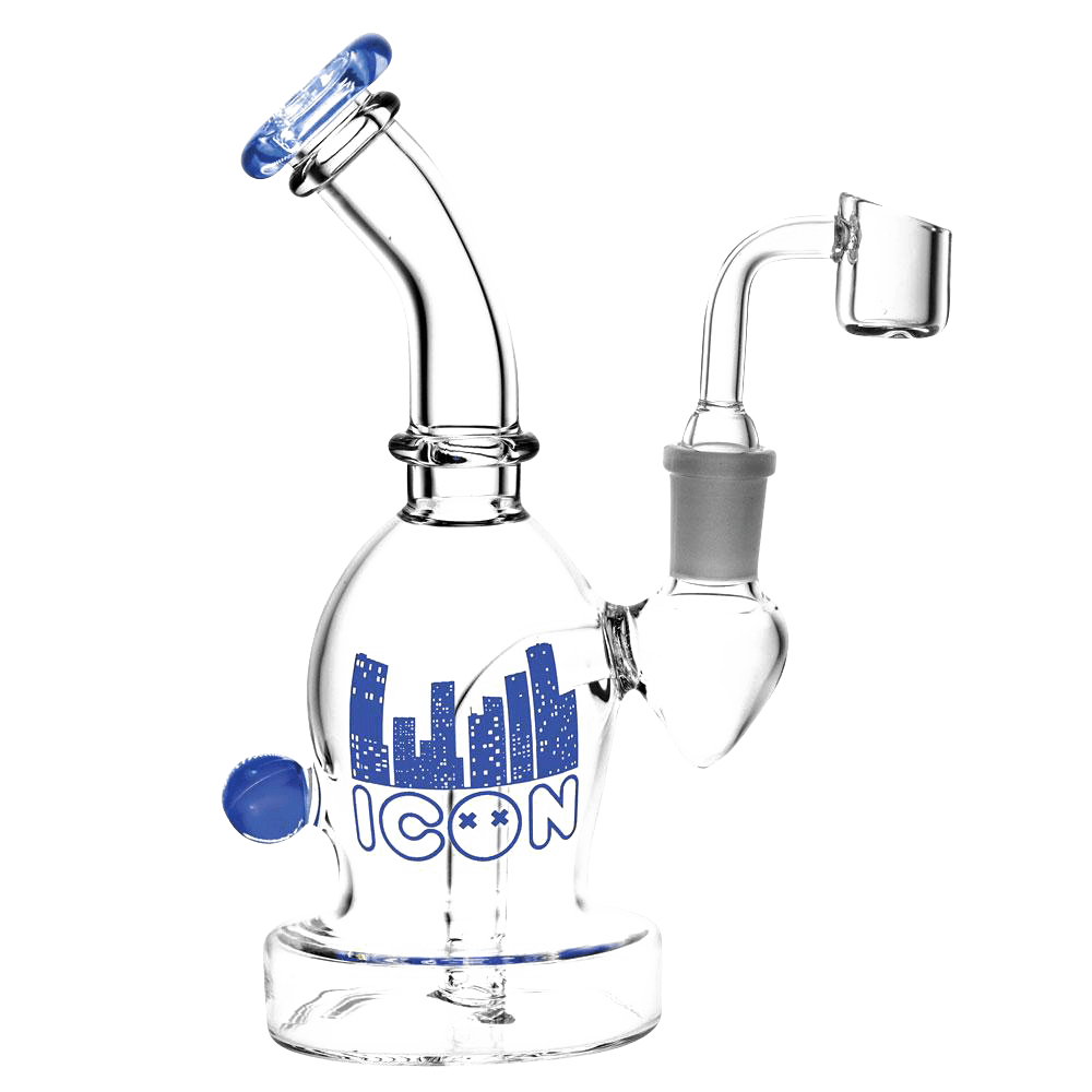 Front view of the Diamond Glass Icon Ori Dab Rig, featuring a clear glass construction and angled joint visible in the studio lighting.