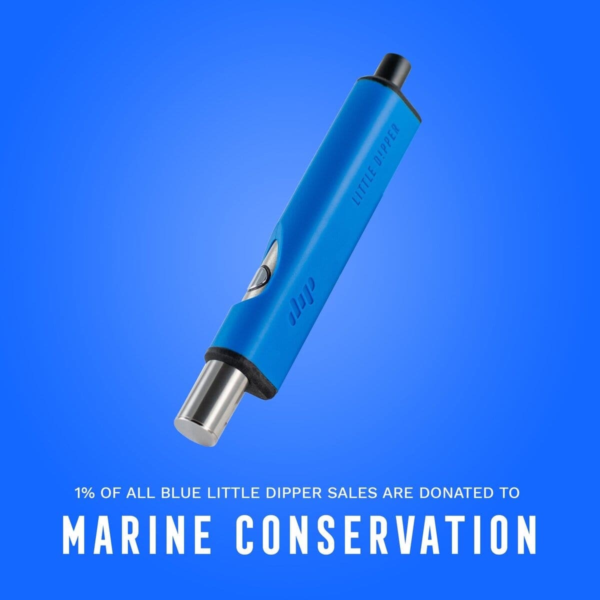 A close-up, angled view of the Dip Device Little Dipper, showcasing its sleek, modern design against a solid blue background.