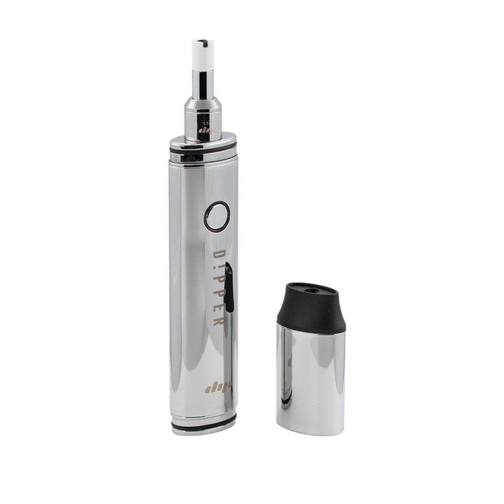 A studio shot of The Dipper, a sleek, silver vaping device with a cylindrical shape and minimalist design.